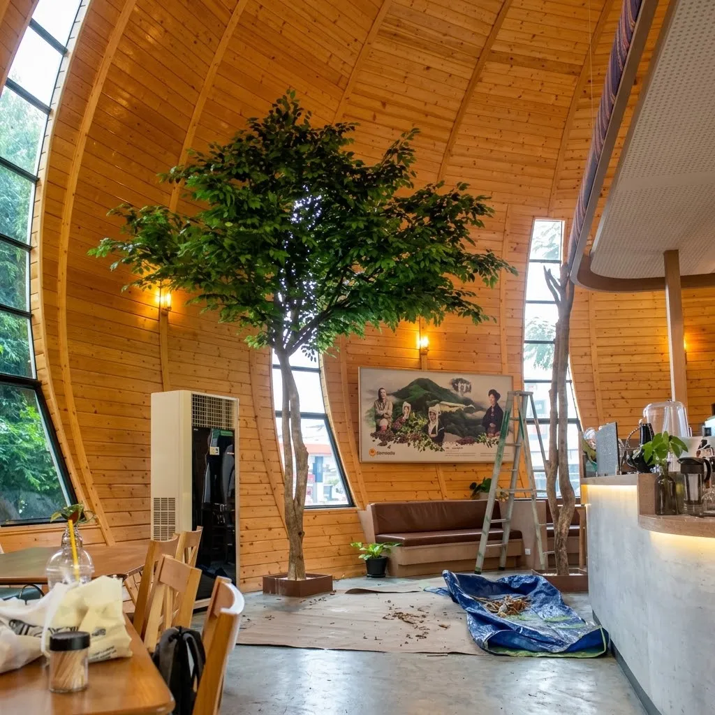ผลงานติดตั้งต้นไทรแก้วปลอมสั่งทำพิเศษ ณ The Gardener Cafe