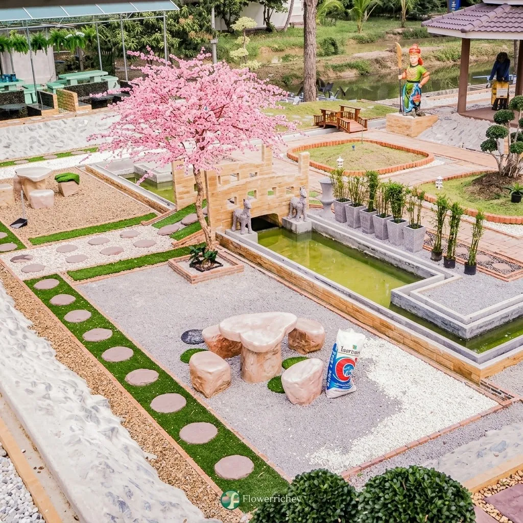 ภาพรวมมุมมองสวนสไตล์จีนผสมญี่ปุ่น ประดับด้วยต้นซากุระประดิษฐ์และศาลาพักผ่อน แปะเก่ง นครสวรรค์